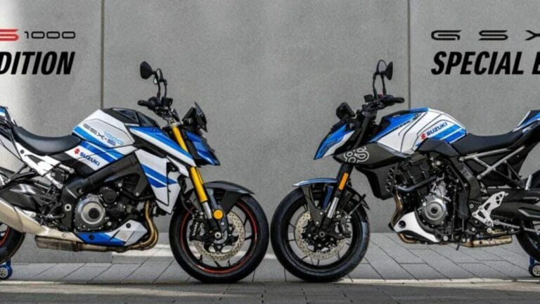 imagem Suzuki GSX-S1000 e GSX-8S edições especiais de 50 anos da Alemanha lado a lado