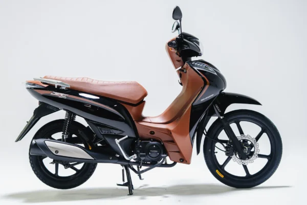 Shineray Jet 125 EFI preta e marrom vista de perfil, com banco marrom, rodas de liga leve e freio dianteiro a disco.