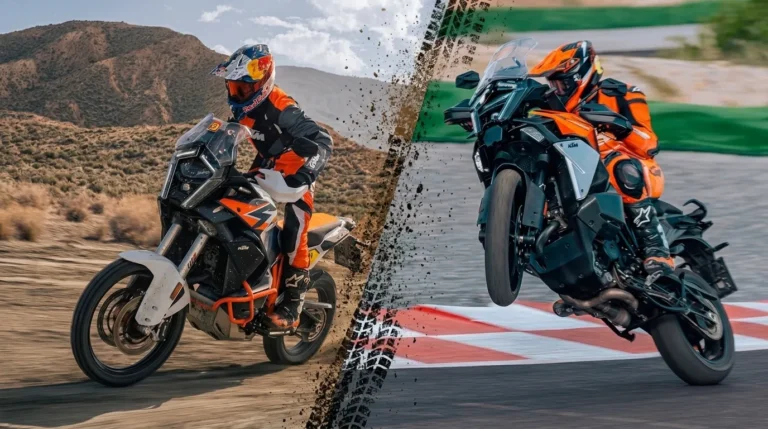 Duas motos KTM 1390 Super Adventure em ação, com a versão R em terreno de terra à esquerda e a versão S em pista asfaltada à direita.