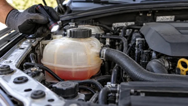Mecânico inspecionando o reservatório de arrefecimento de um carro com nível baixo de líquido do radiador.