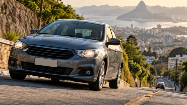 Carro cinza subindo uma ladeira, ilustrando a perda de força do motor durante a aceleração e em subidas.
