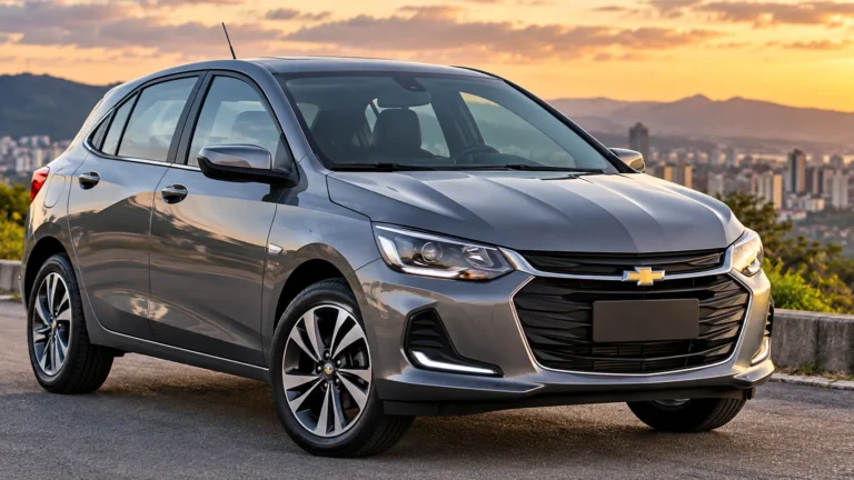 Chevrolet Onix usado de segunda geração, na cor prata, fotografado de frente e lateral em uma estrada, com paisagem urbana ao fundo.