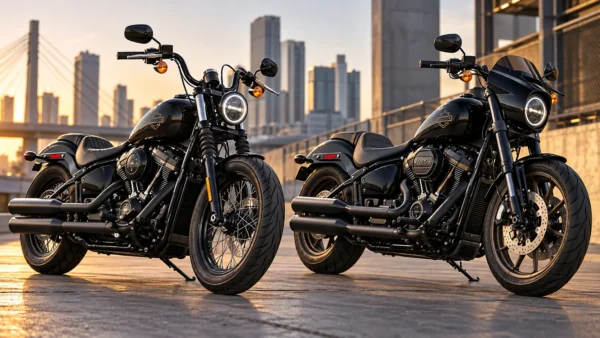 Harley-Davidson Street Bob 2026 e Low Rider S 2026 pretas, lado a lado, com motores V-Twin e visual custom.