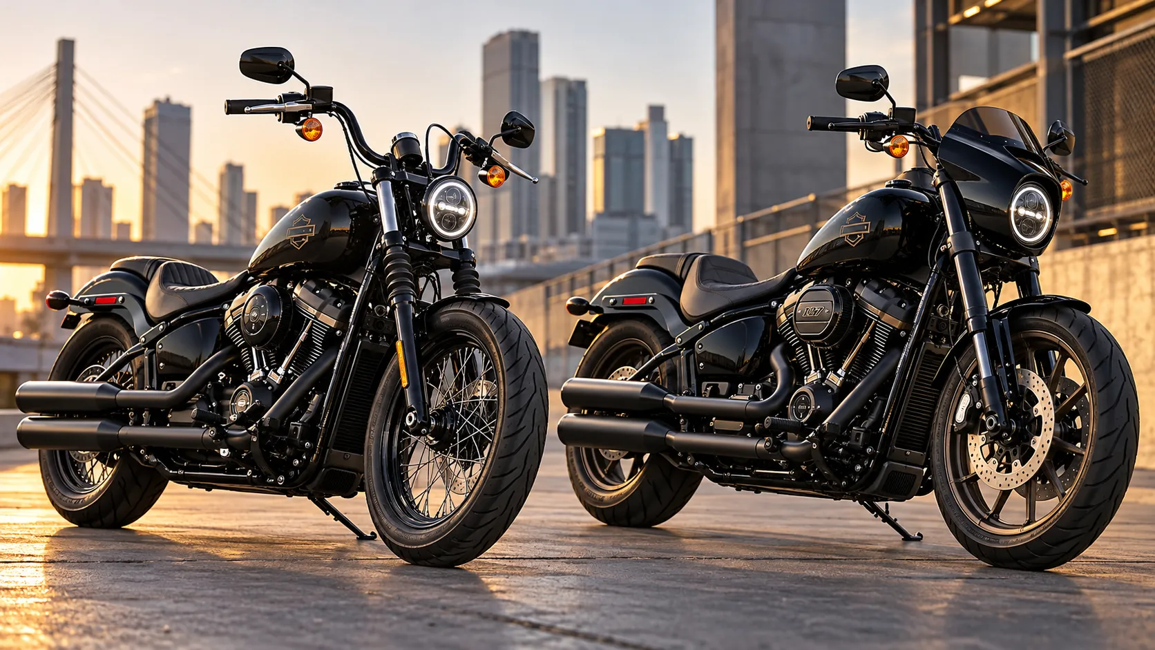 Harley-Davidson Street Bob 2026 e Low Rider S 2026 pretas, lado a lado, com motores V-Twin e visual custom.