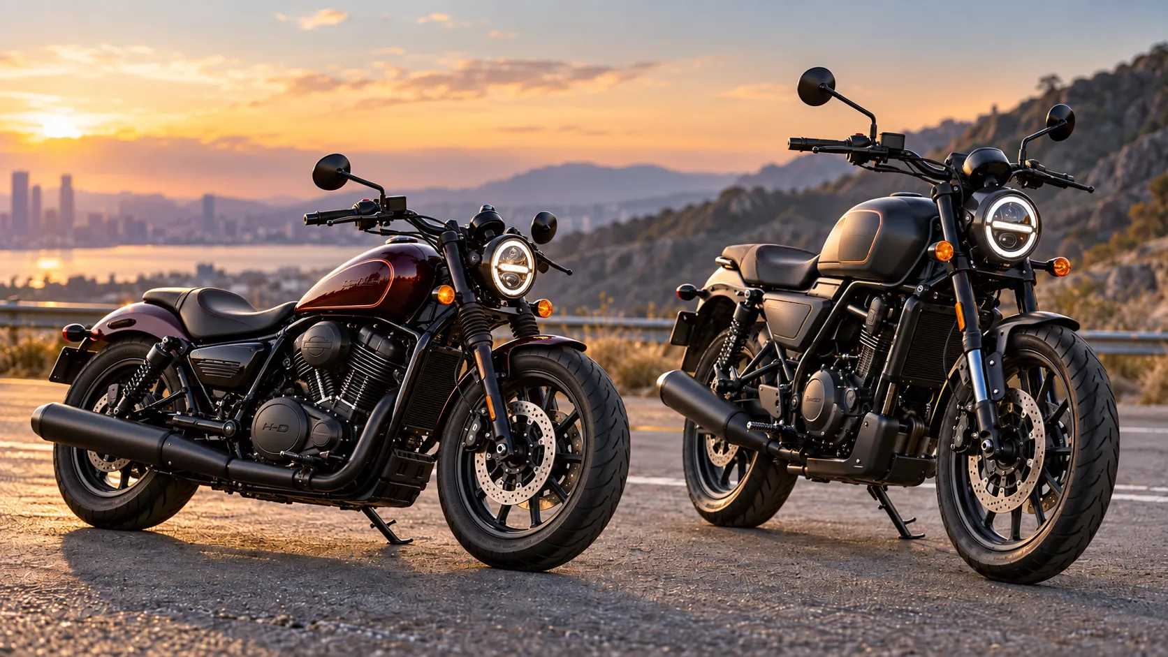 Ilustração das Harley-Davidson Sprint 440 e X440 lado a lado, destacando o estilo cruiser da Sprint e o visual roadster da X440.