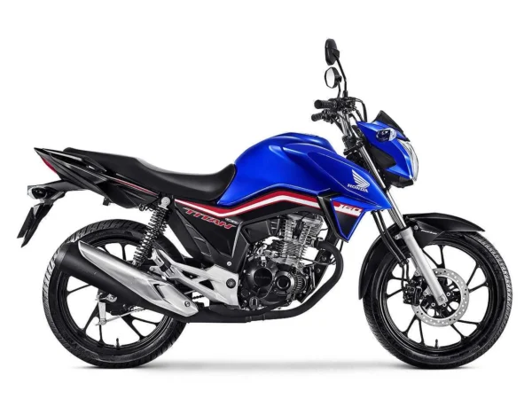 Honda CG 160 Titan em vista lateral, mostrando motor, rodas e conjunto de freios