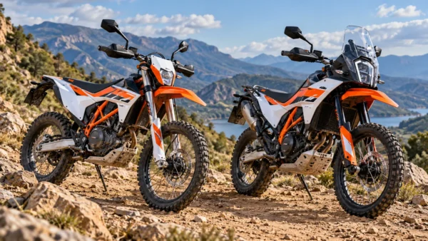 KTM 390 Enduro R e KTM 390 Adventure R lado a lado em uma trilha de terra com pedras e montanhas ao fundo.