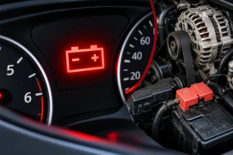 Luz vermelha da bateria acesa no painel de um carro, com alternador e bateria automotiva em destaque, indicando possível falha no sistema de carregamento.