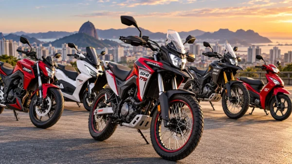 Motos Shineray 2026 reunidas, incluindo SHI 175, SHI 250, 250F, Urban 150 e Jet 125, representando diferentes modelos da marca.