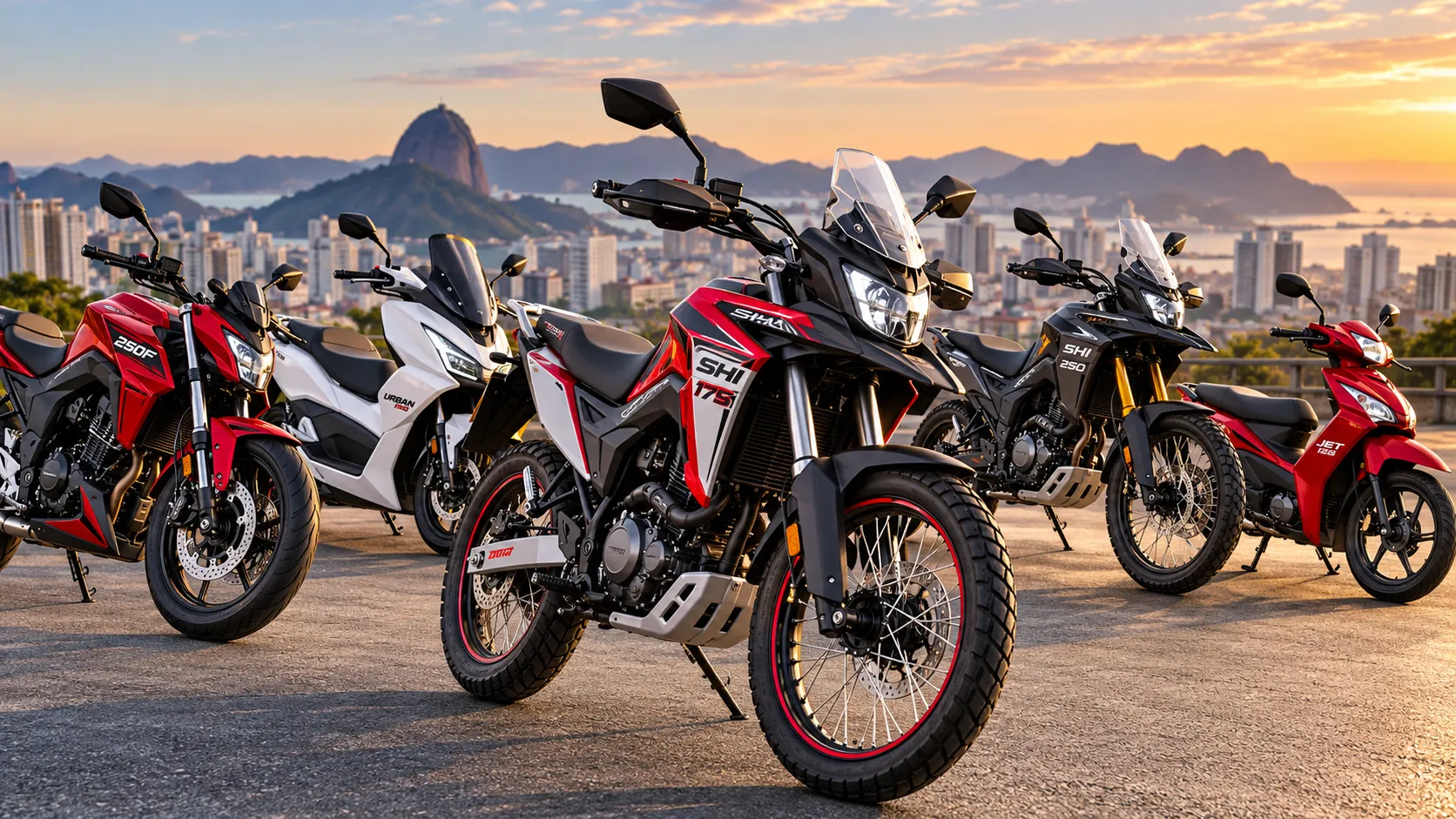 Motos Shineray 2026 reunidas, incluindo SHI 175, SHI 250, 250F, Urban 150 e Jet 125, representando diferentes modelos da marca.