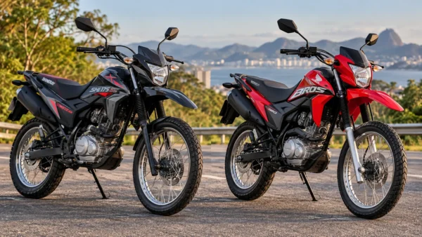 Shineray SHI 175 SS preta e Honda Bros 160 vermelha lado a lado em estrada, em comparativo de motos trail.