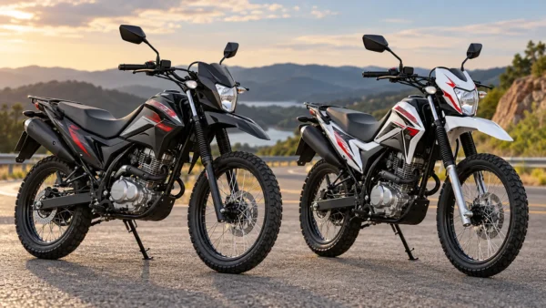 Shineray SHI 175 preta e SHI 175 SS branca lado a lado em uma estrada, ilustrando o comparativo entre as duas motos trail.