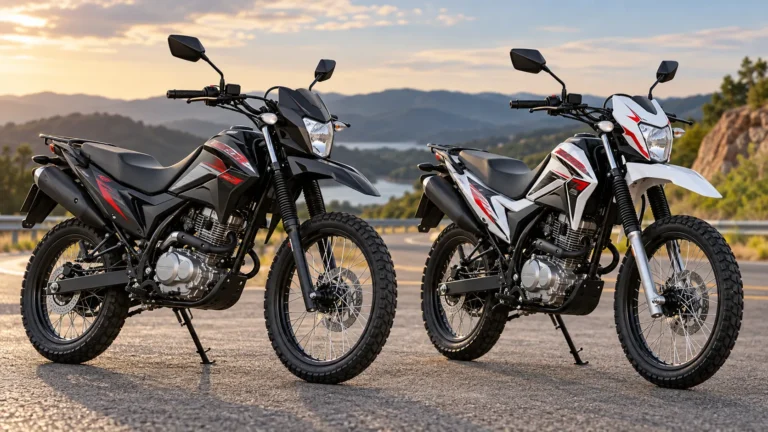 Shineray SHI 175 preta e SHI 175 SS branca lado a lado em uma estrada, ilustrando o comparativo entre as duas motos trail.