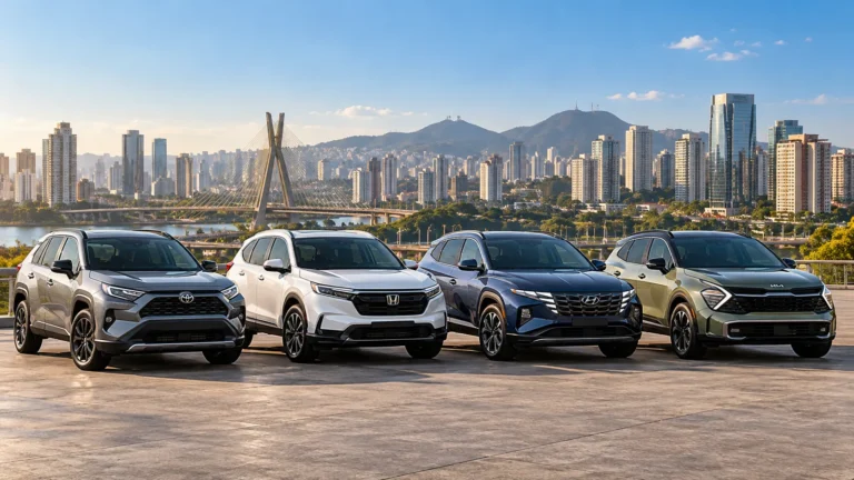 Quatro SUVs híbridos de diferentes marcas estacionados lado a lado, com uma paisagem urbana ao fundo.