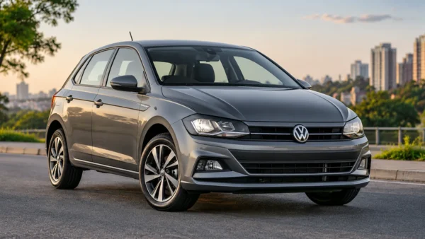 Volkswagen Polo usado cinza, visto de frente e de lado, estacionado em uma avenida ao pôr do sol.